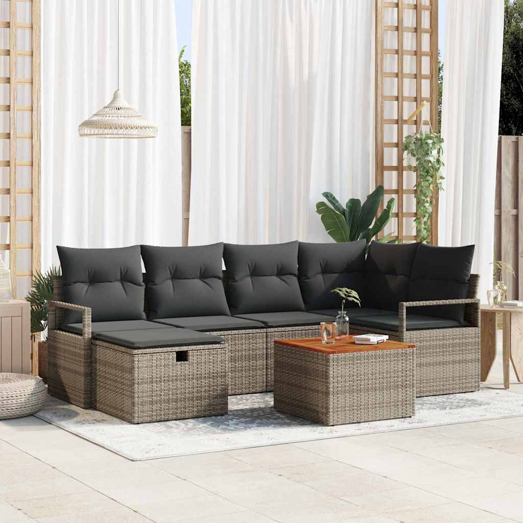 Garten-Sofa-Set mit Kissen 7 pcs Schwarz Poly Rattan