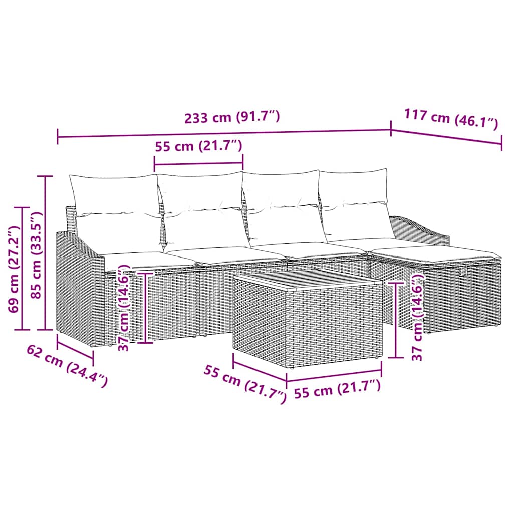Gartensofa-set mit Kissen 6 pcs Schwarz Poly Rattan