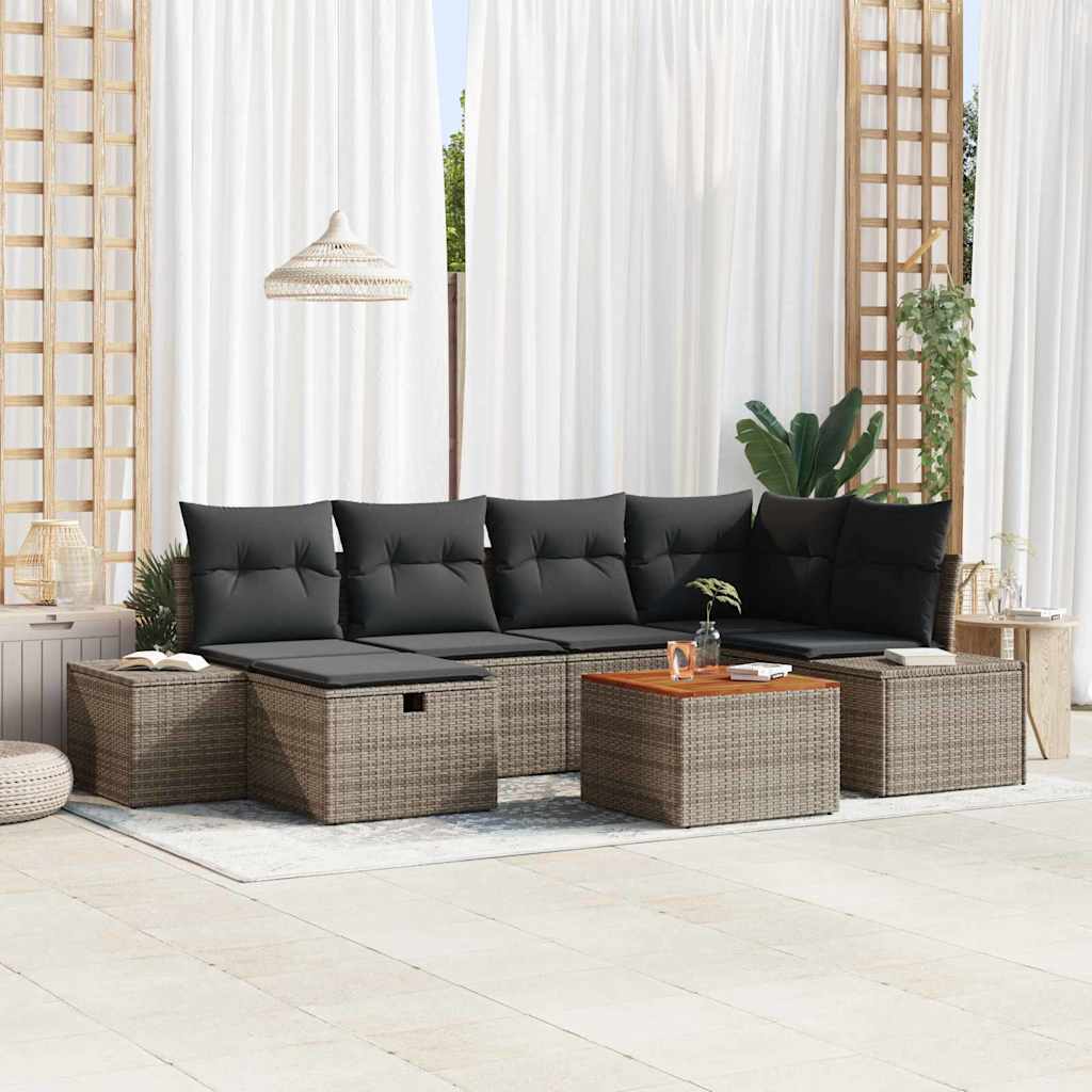 Garten-Sofa-Set mit Kissen 7 pcs Schwarz Poly Rattan