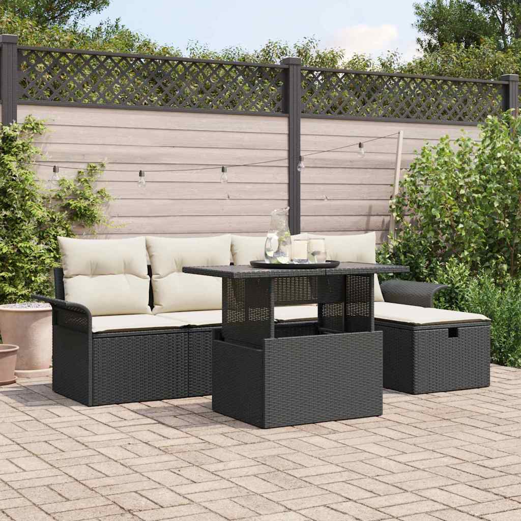 vidaXL Garten-Sofa-Set mit Kissen 6 pcs Schwarz Poly Rattan