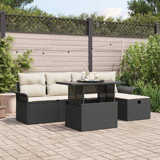 vidaXL Garten-Sofa-Set mit Kissen 6 pcs Schwarz Poly Rattan