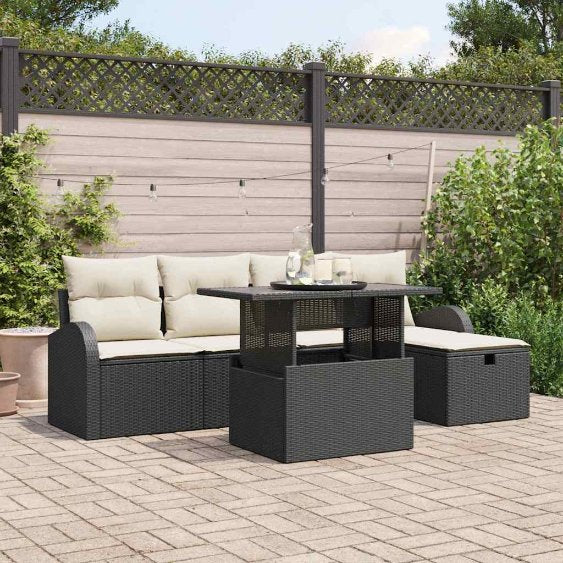 vidaXL Garten-Sofa-Set mit Kissen 6 pcs Schwarz Poly Rattan