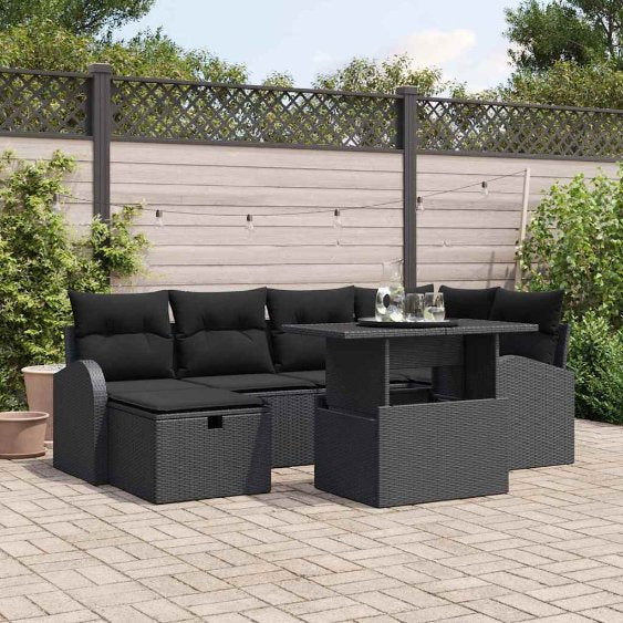 vidaXL Garten-Sofa-Set mit Kissen 7 pcs Schwarz Poly Rattan
