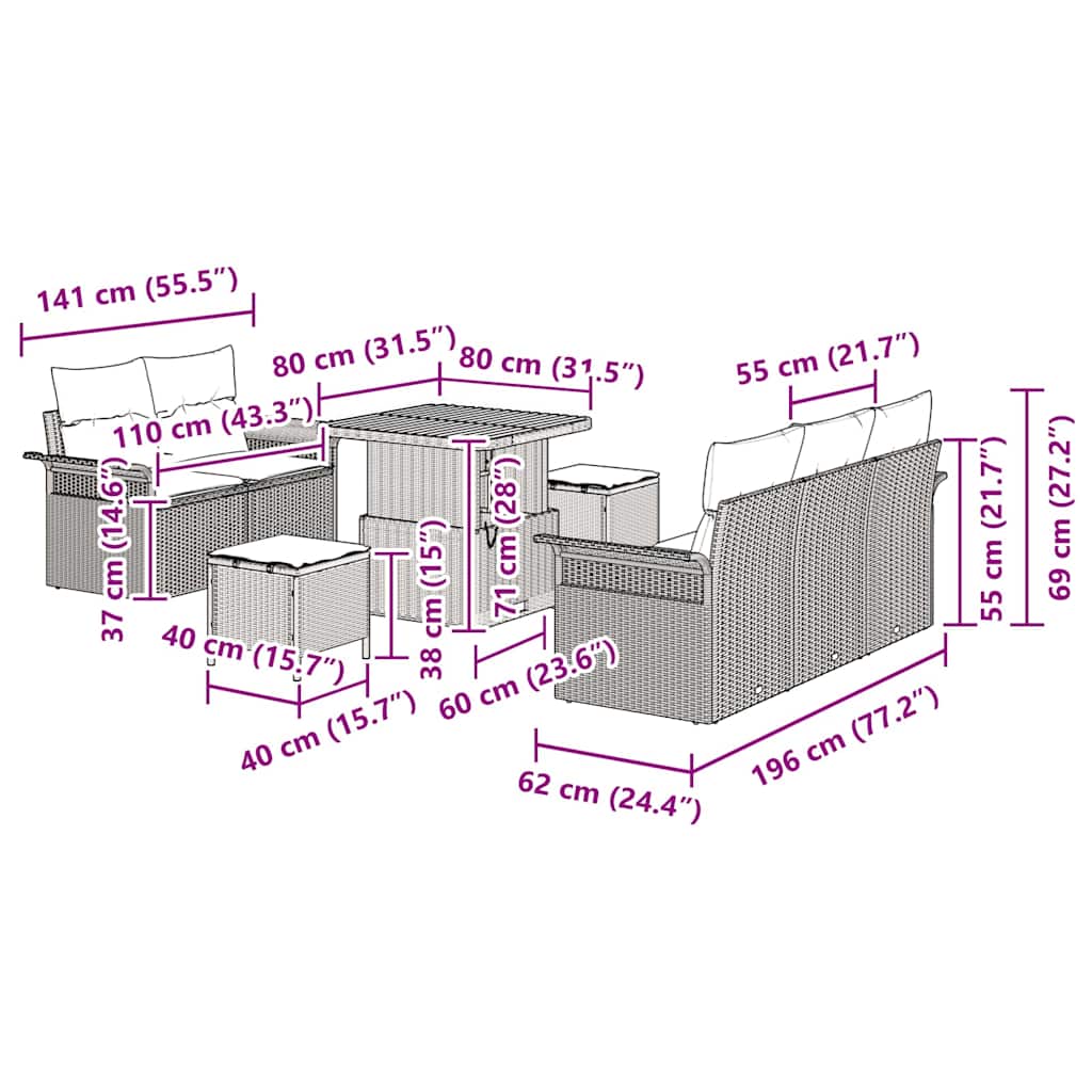 vidaXL Garten-Sofa-Set 8 pcs Schwarz Poly-Rattan
