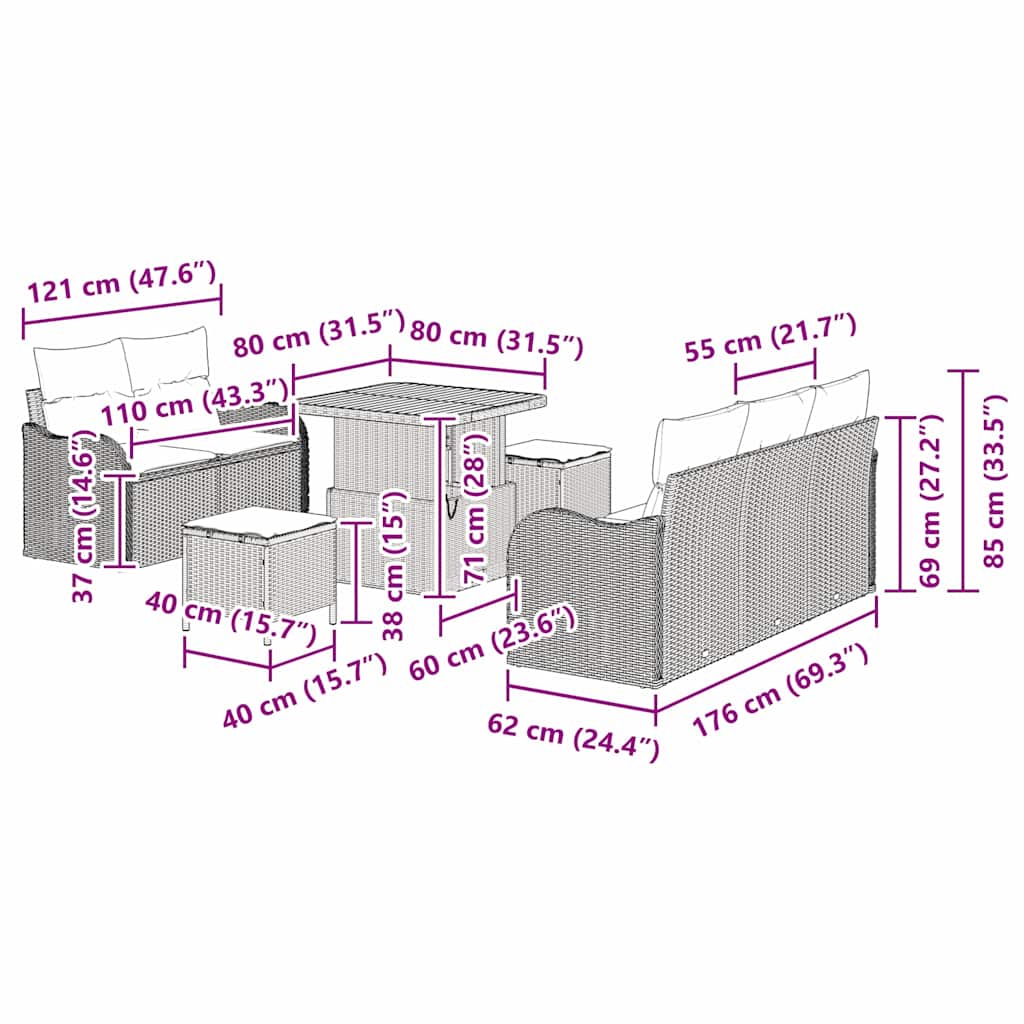 vidaXL Gartensofa-set mit Kissen 8 pcs Schwarz Poly-Rattan
