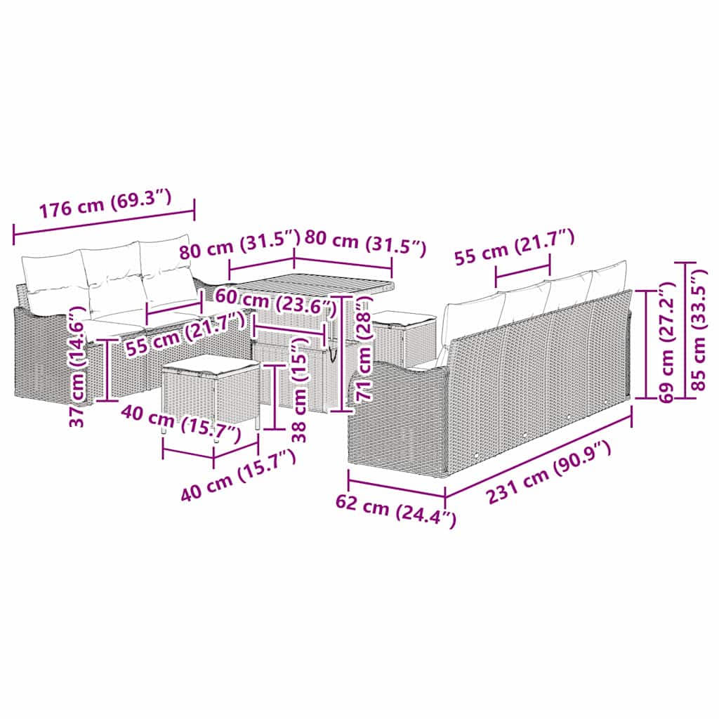 vidaXL Gartensofa-set mit Kissen 10 pcs Schwarz Poly-Rattan