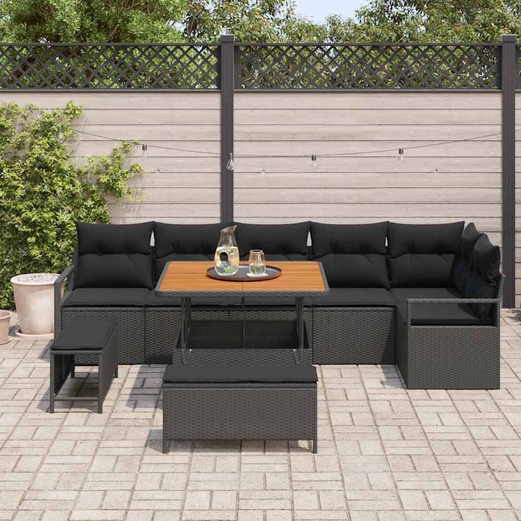 vidaXL Garten-Sofa-Set mit Kissen 9 pcs Schwarz Poly Rattan