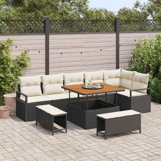 vidaXL Garten-Sofa-Set mit Kissen 9 pcs Schwarz Poly Rattan