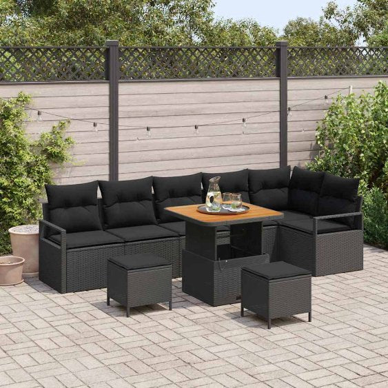 vidaXL Garten-Sofa-Set mit Kissen 9 pcs Schwarz Poly Rattan