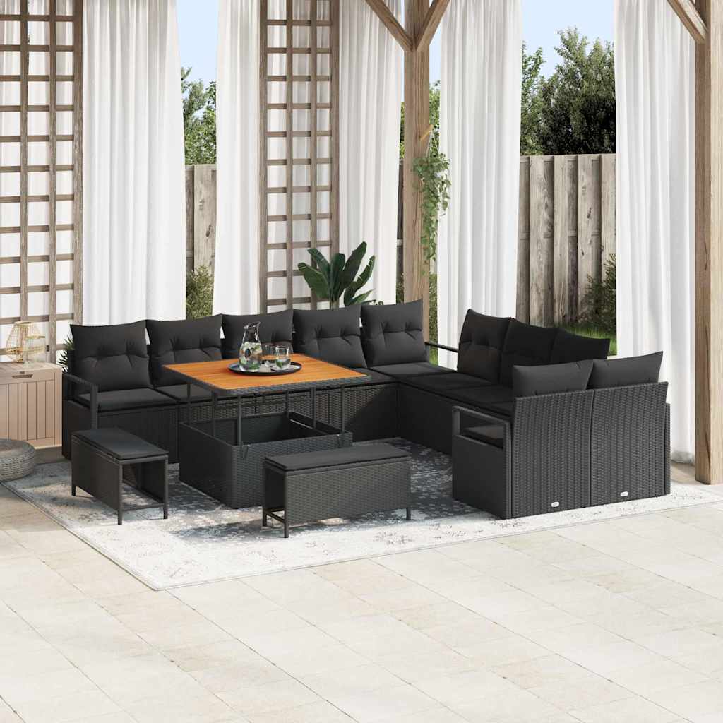 vidaXL Garten-Sofa-Set mit Kissen 13 pcs Schwarz Poly Rattan