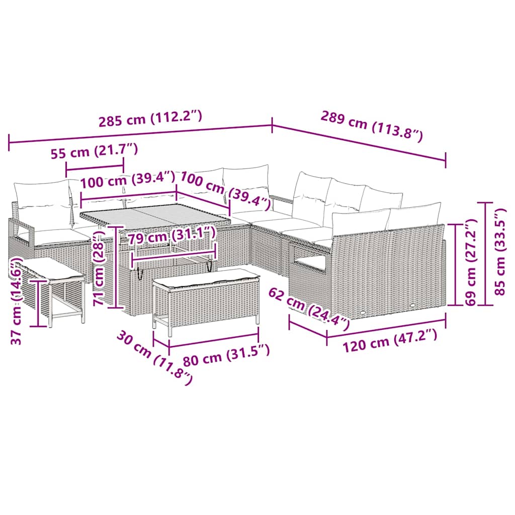 vidaXL Garten-Sofa-Set mit Kissen 13 pcs Schwarz Poly Rattan
