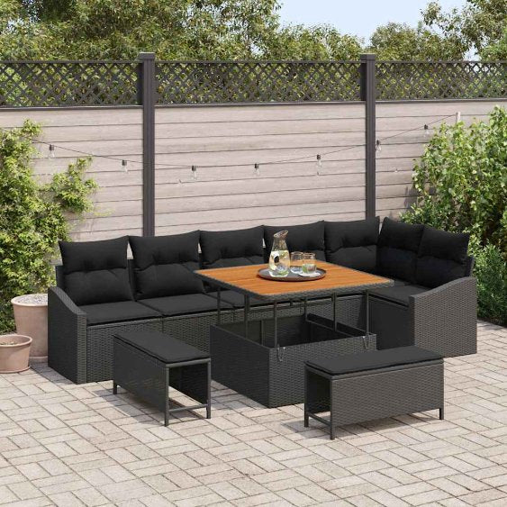 vidaXL Garten-Sofa-Set mit Kissen 9 pcs Schwarz Poly Rattan