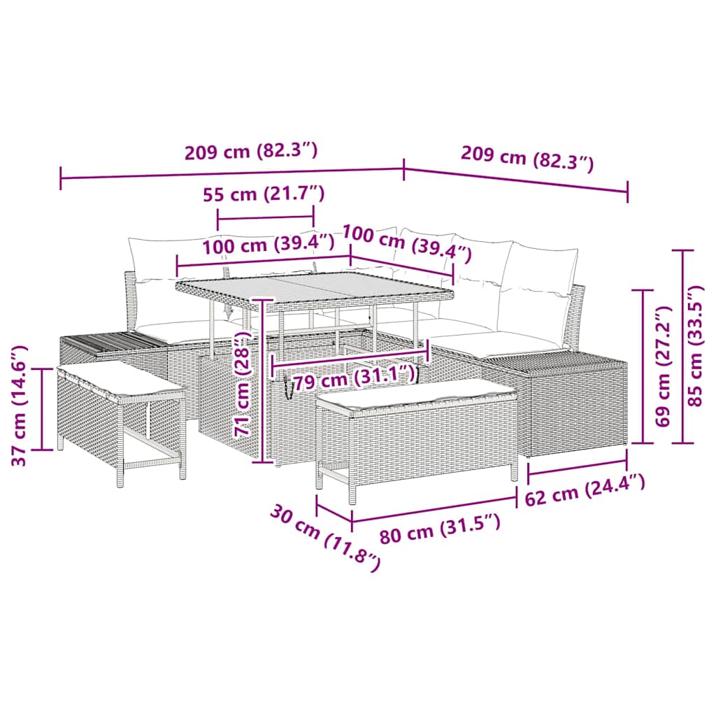 vidaXL Garten-Sofa-Set mit Kissen 8 pcs Schwarz Poly Rattan