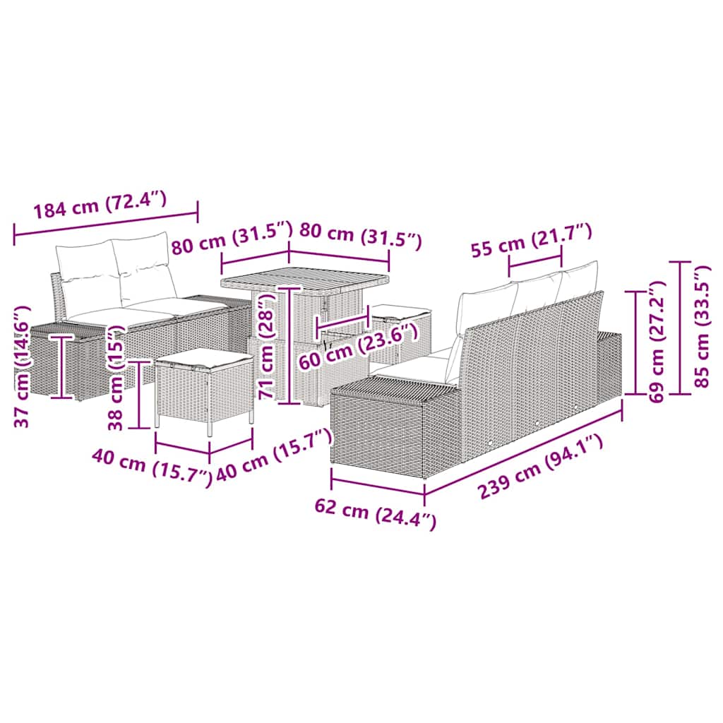 vidaXL Garten-Sofa-Set mit Kissen mit Speicher 8 pcs Schwarz