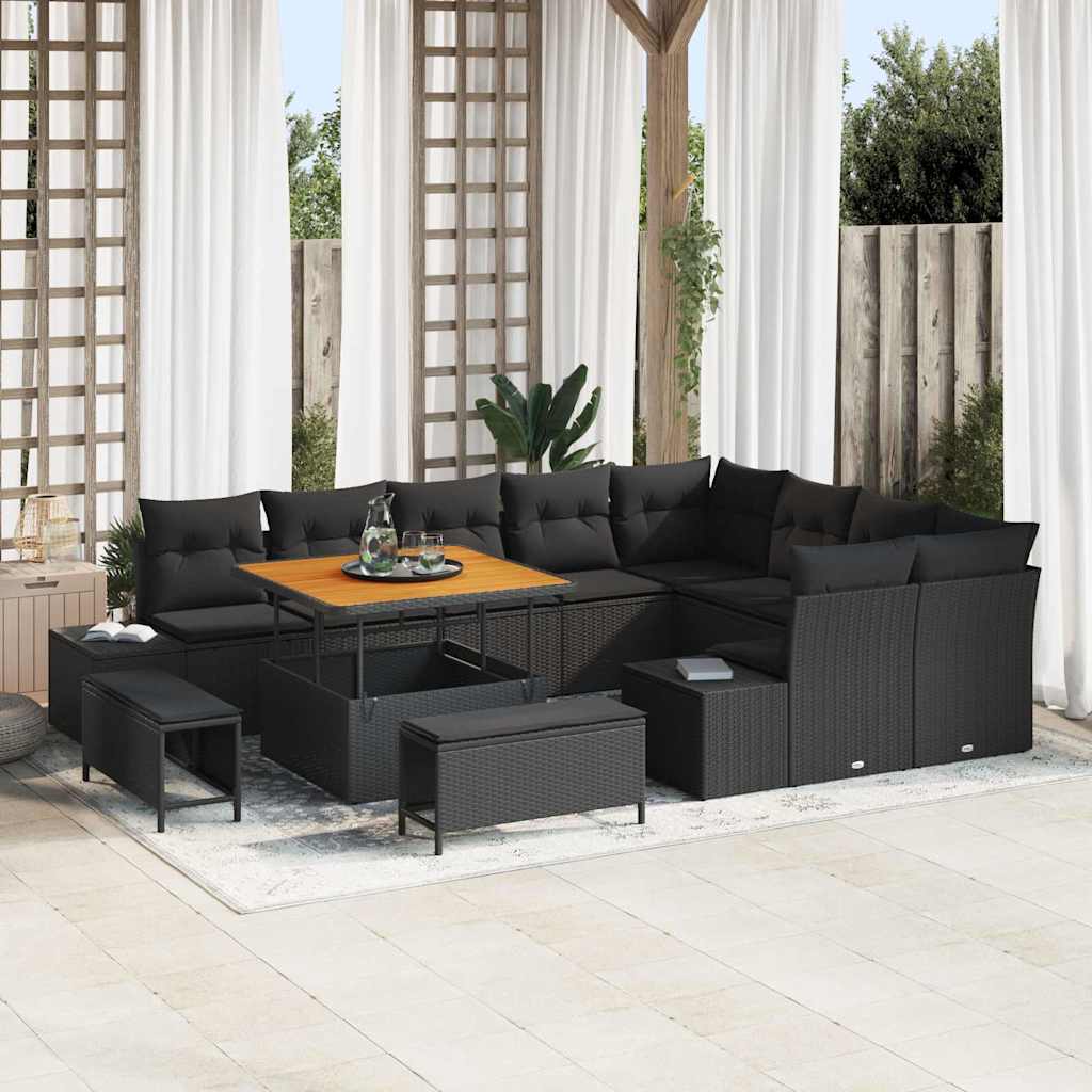 vidaXL Gartensofa-set mit Kissen 12 pcs Schwarz Poly Rattan