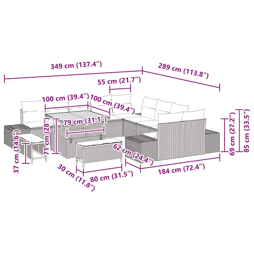 vidaXL Gartensofa-set mit Kissen 13 pcs Schwarz Poly Rattan