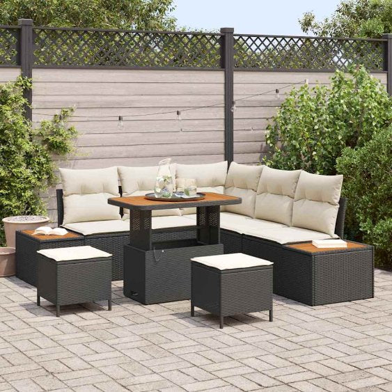 vidaXL Garten-Sofa-Set mit Kissen mit Speicher Schwarz Poly Rattan