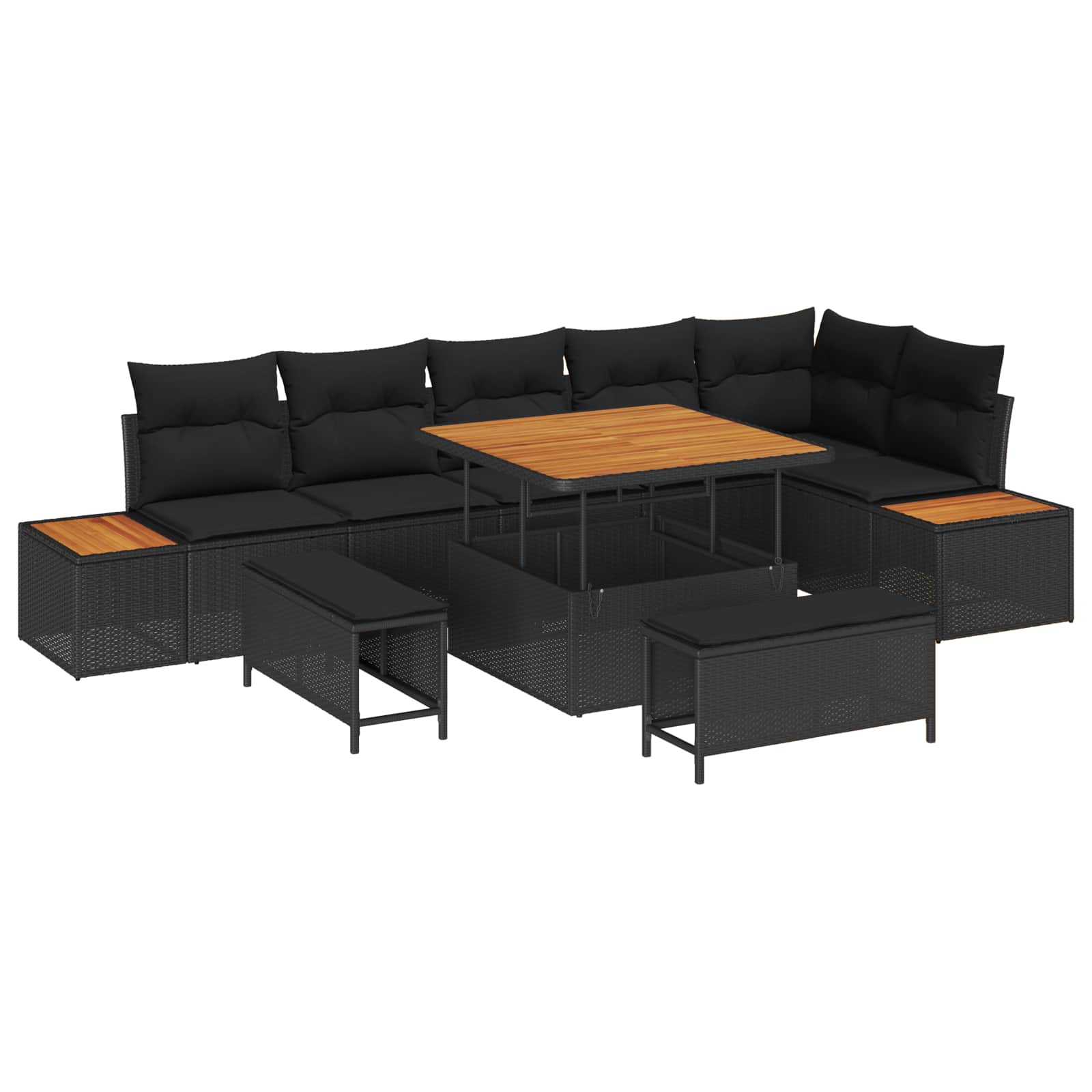 vidaXL Garten-Sofa-Set mit Kissen mit Speicher Schwarz Poly Rattan