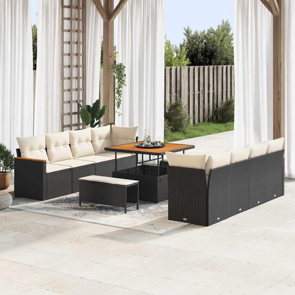 vidaXL Garten-Sofa-Set mit Kissen mit Speicher Schwarz Poly Rattan