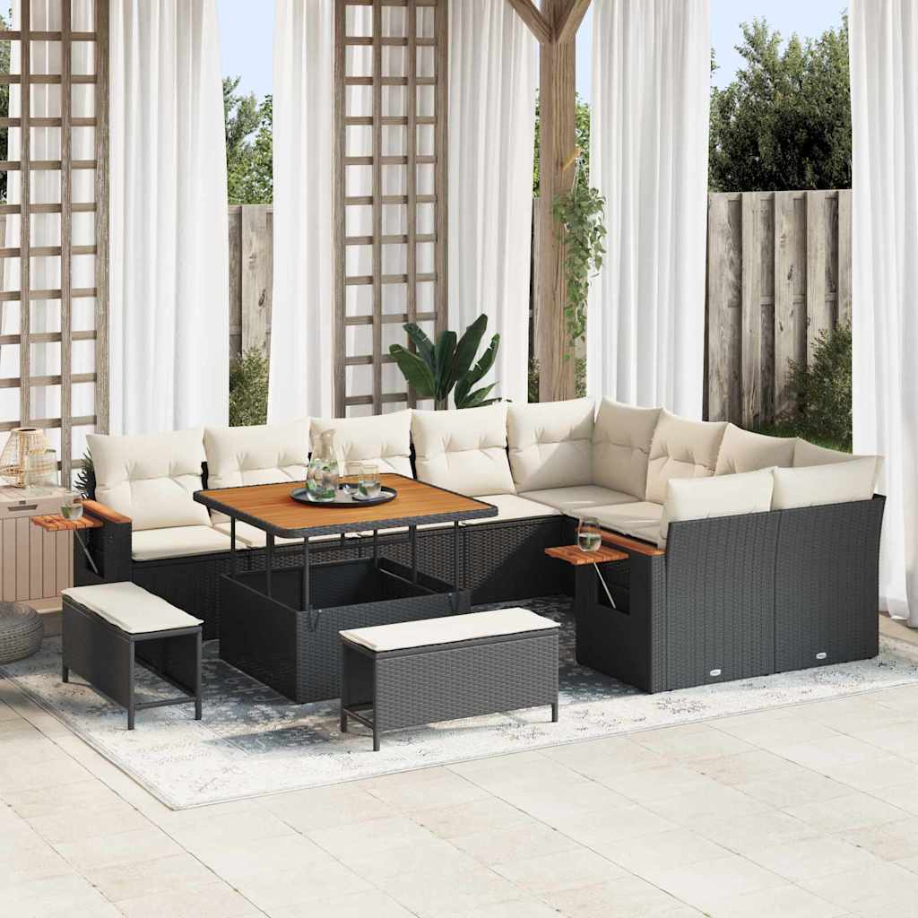vidaXL Garten-Sofa-Set mit Kissen mit Speicher Schwarz Poly Rattan