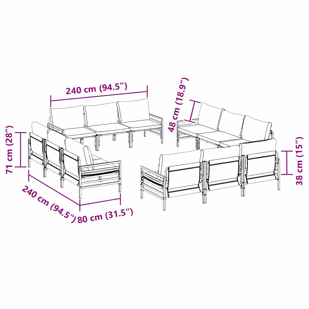 vidaXL Gartensofa-set mit Kissen 12 pcs Schwarz Stahl