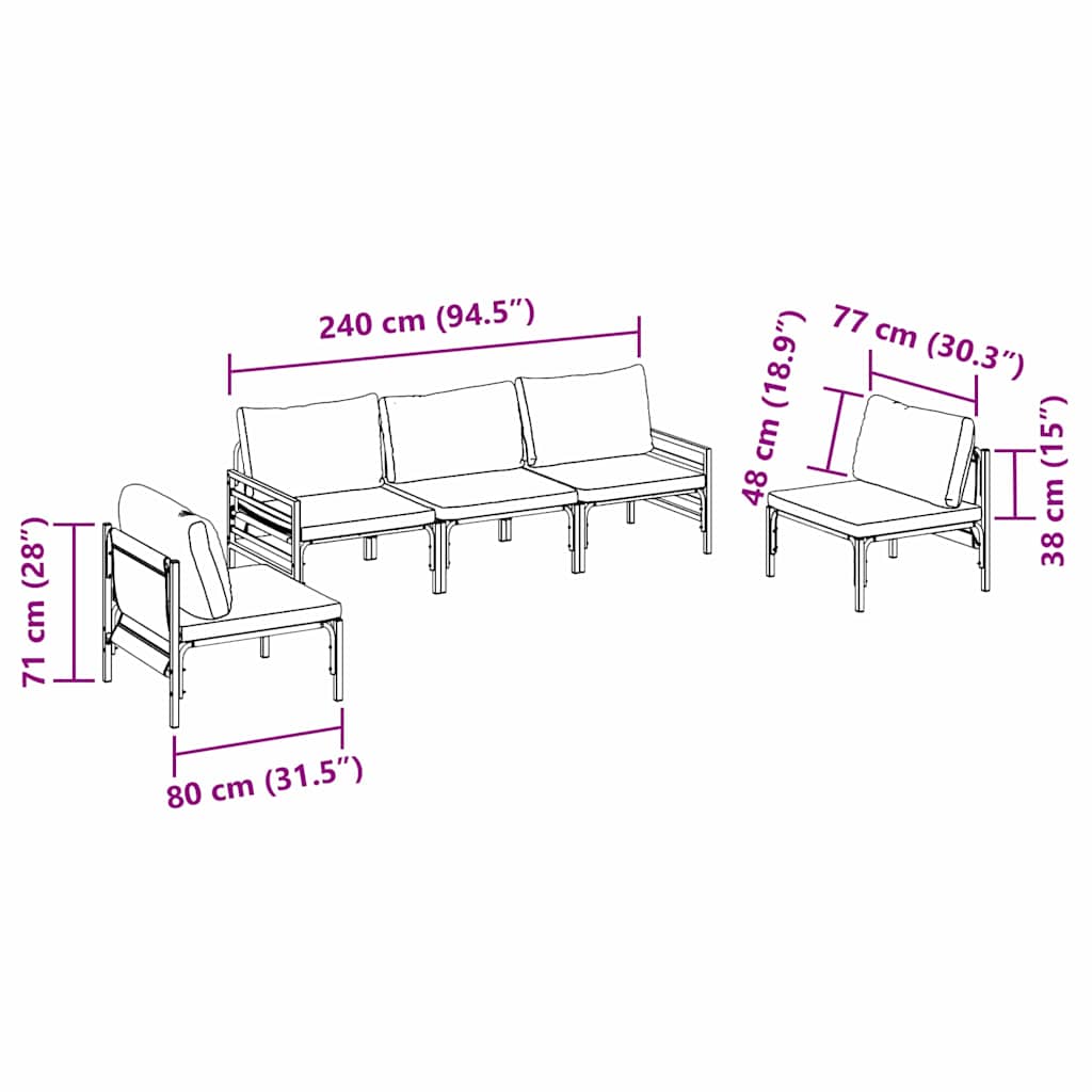 vidaXL Gartensofa-set mit Kissen 5 pcs Schwarz Stahl
