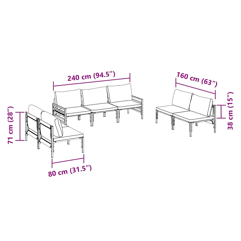 vidaXL Gartensofa-set mit Kissen 7 pcs Schwarz Stahl