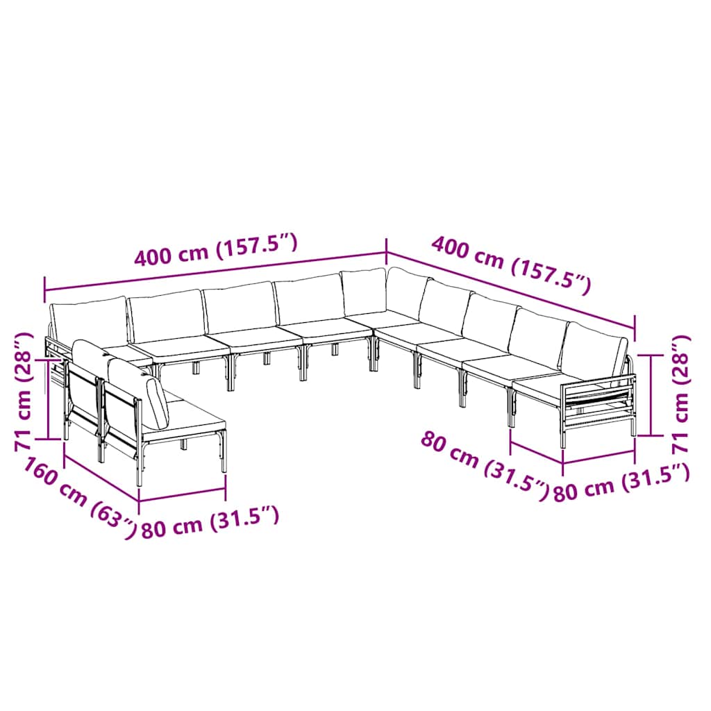 vidaXL Gartensofa-set mit Kissen 11 pcs Schwarz Stahl