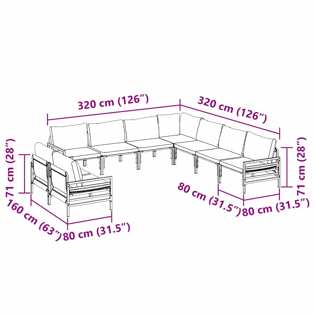vidaXL Gartensofa-set mit Kissen 9 pcs Schwarz Stahl
