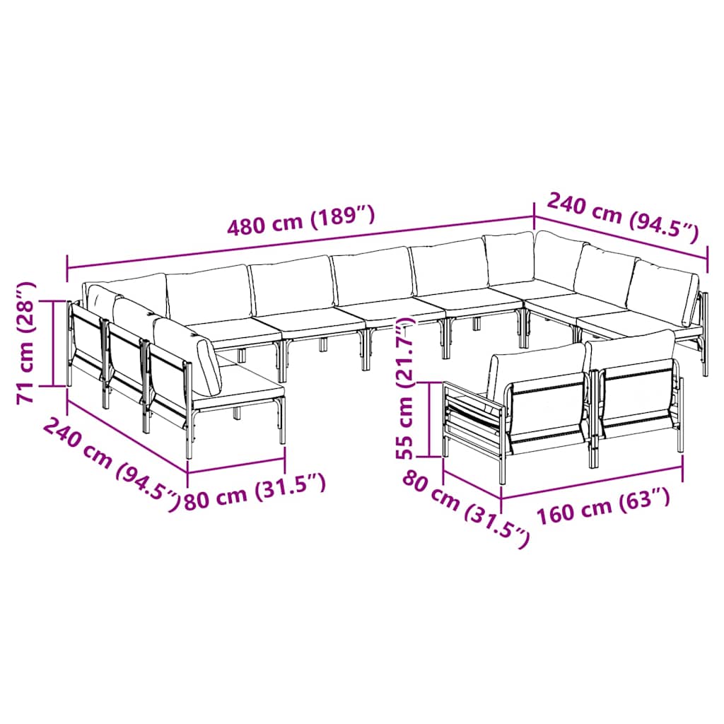 vidaXL Gartensofa-set mit Kissen 12 pcs Schwarz Stahl