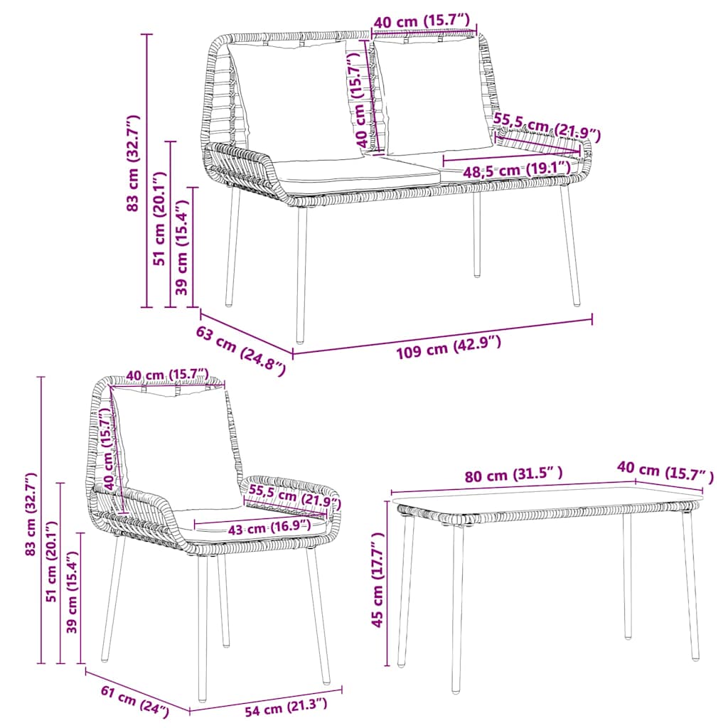 vidaXL Gartenmöbel Set mit Kissen 4 pcs Schwarz und Creme Poly-Rattan
