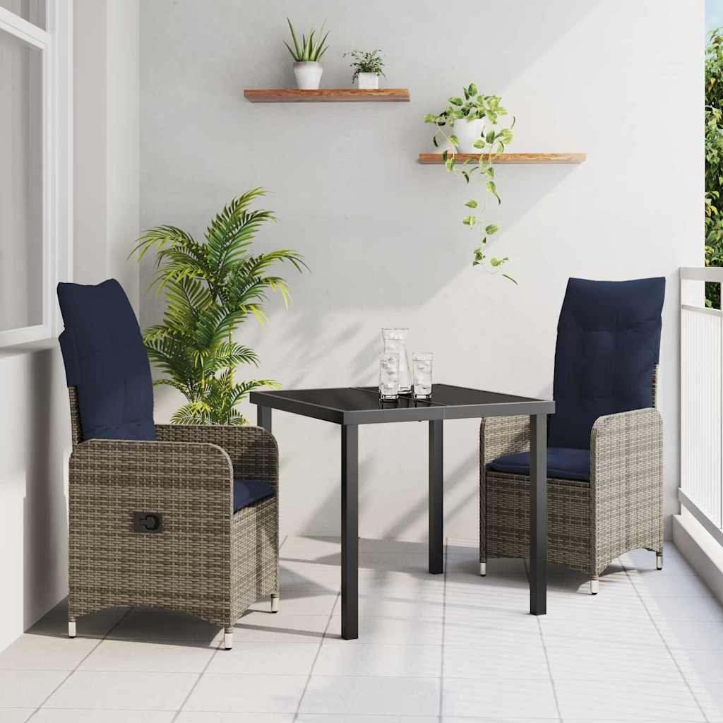 vidaXL Tisch- und Stuhlset mit Kissen 3 pcs Grau PE-Rattan