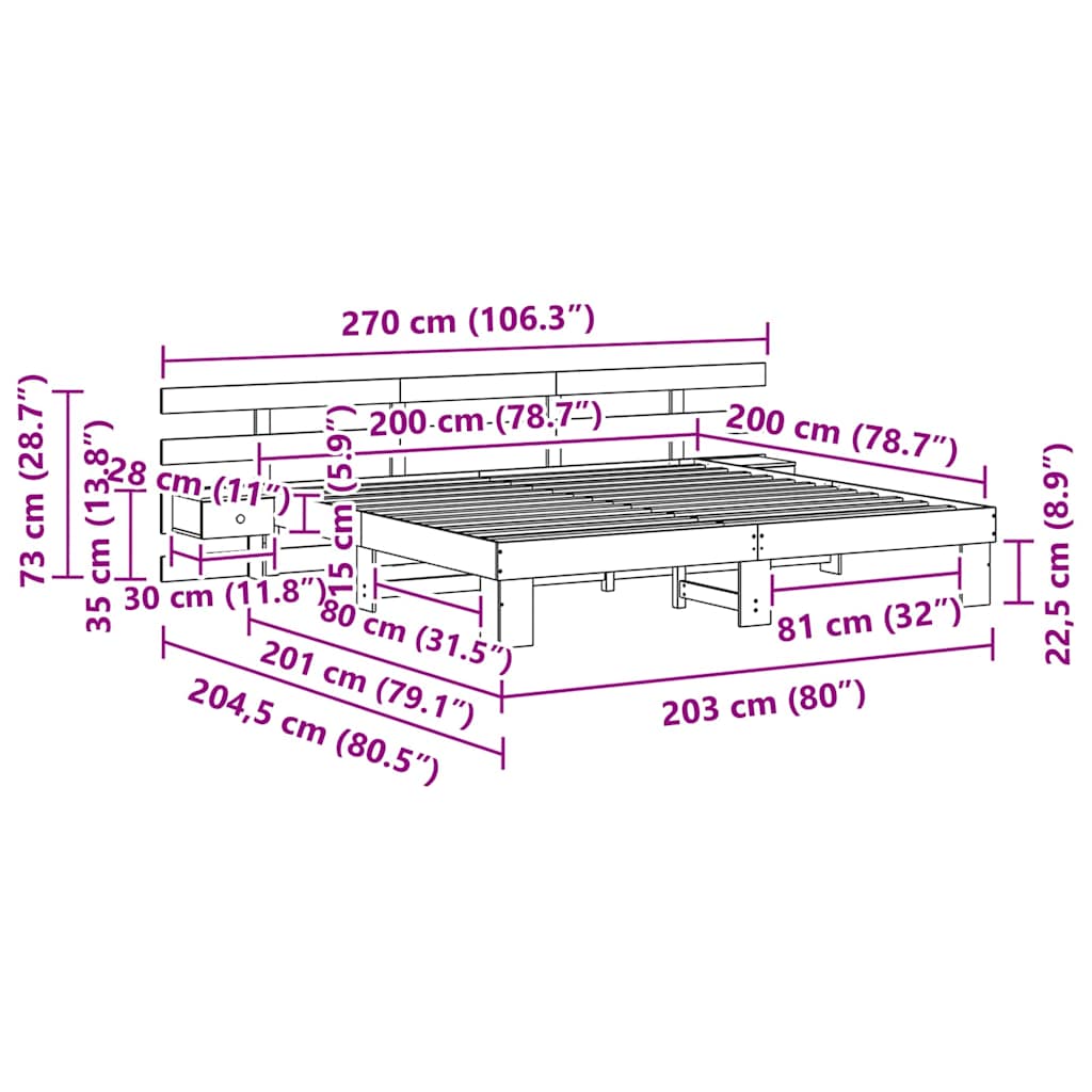 vidaXL Bettrahmen mit Kopfteil Braun 200 x 200 cm Massives Kiefernholz