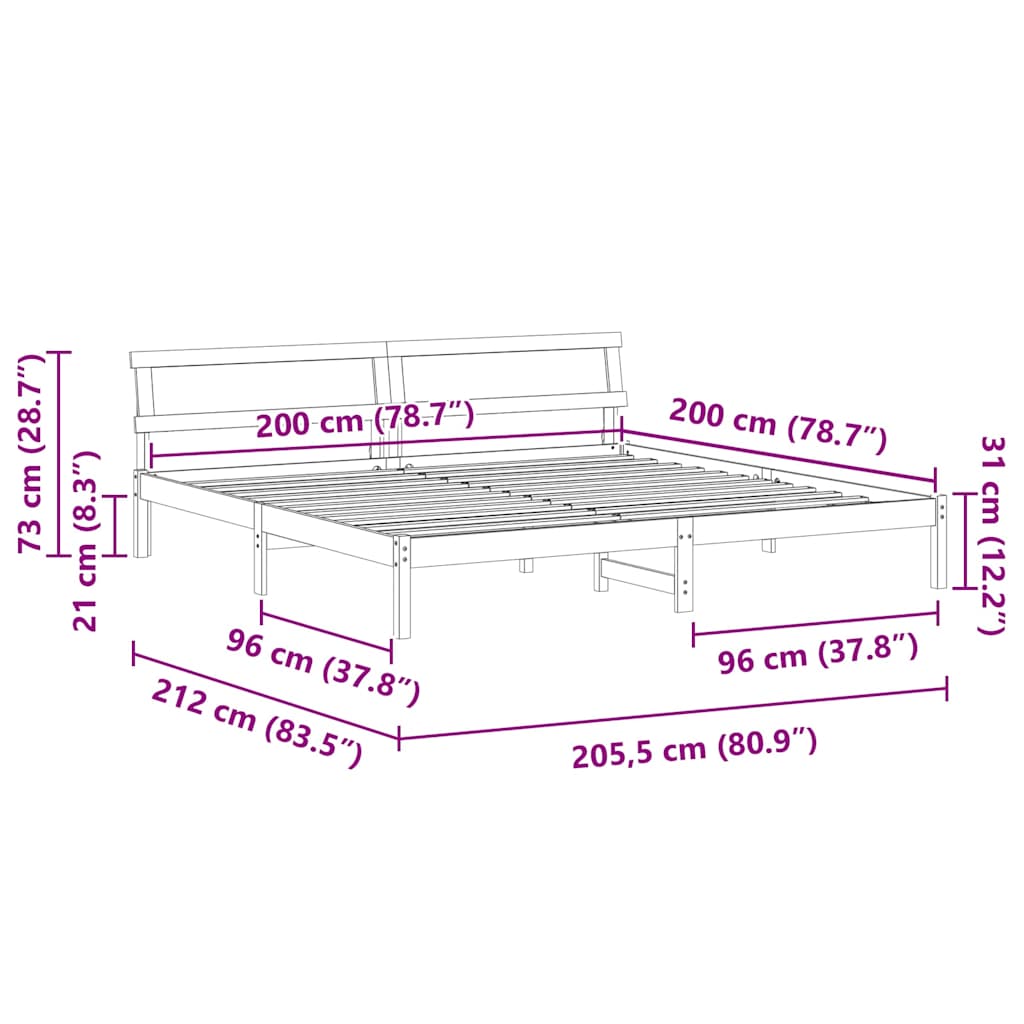 vidaXL Bettgestell mit Kopfteil Braun 200 x 200 cm Massivholz Kiefer