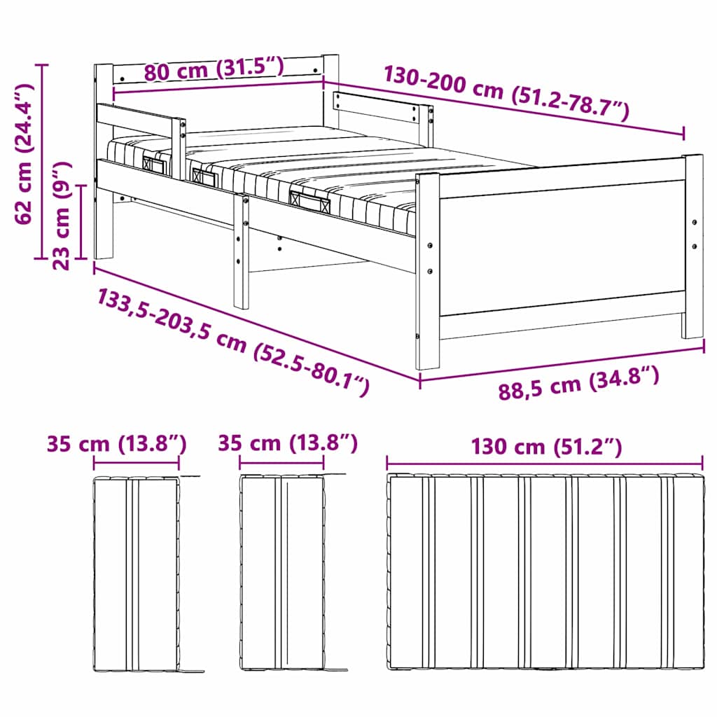 vidaXL Bettrahmen mit Matratze Braun 80 x 200 cm Massives Kiefernholz