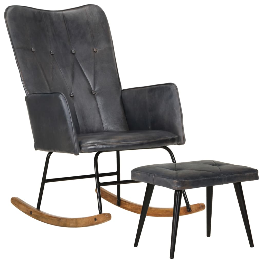 vidaXL Schaukelstuhl mit Fußhocker Grau Echtleder