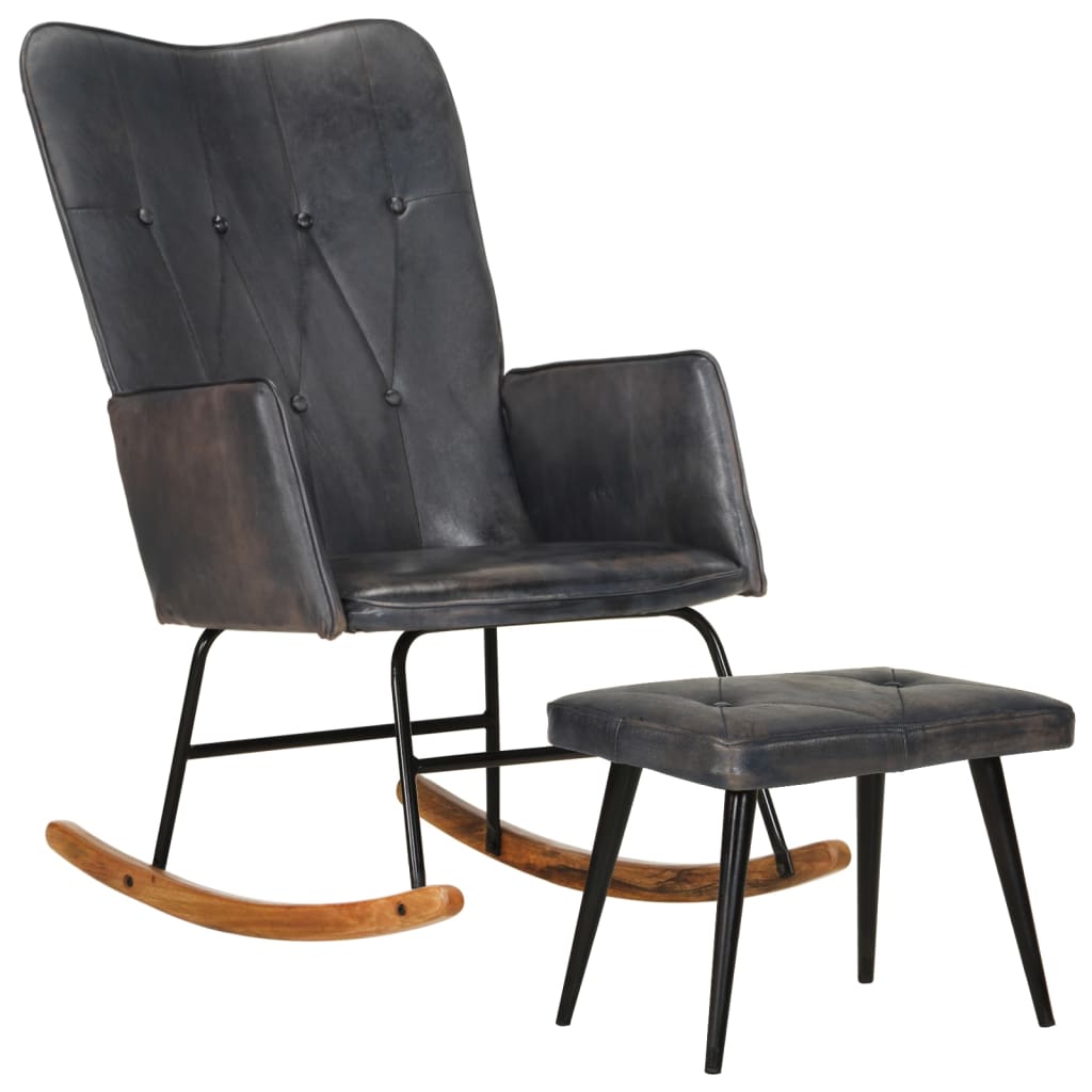 vidaXL Schaukelstuhl mit Fußhocker Grau Echtleder