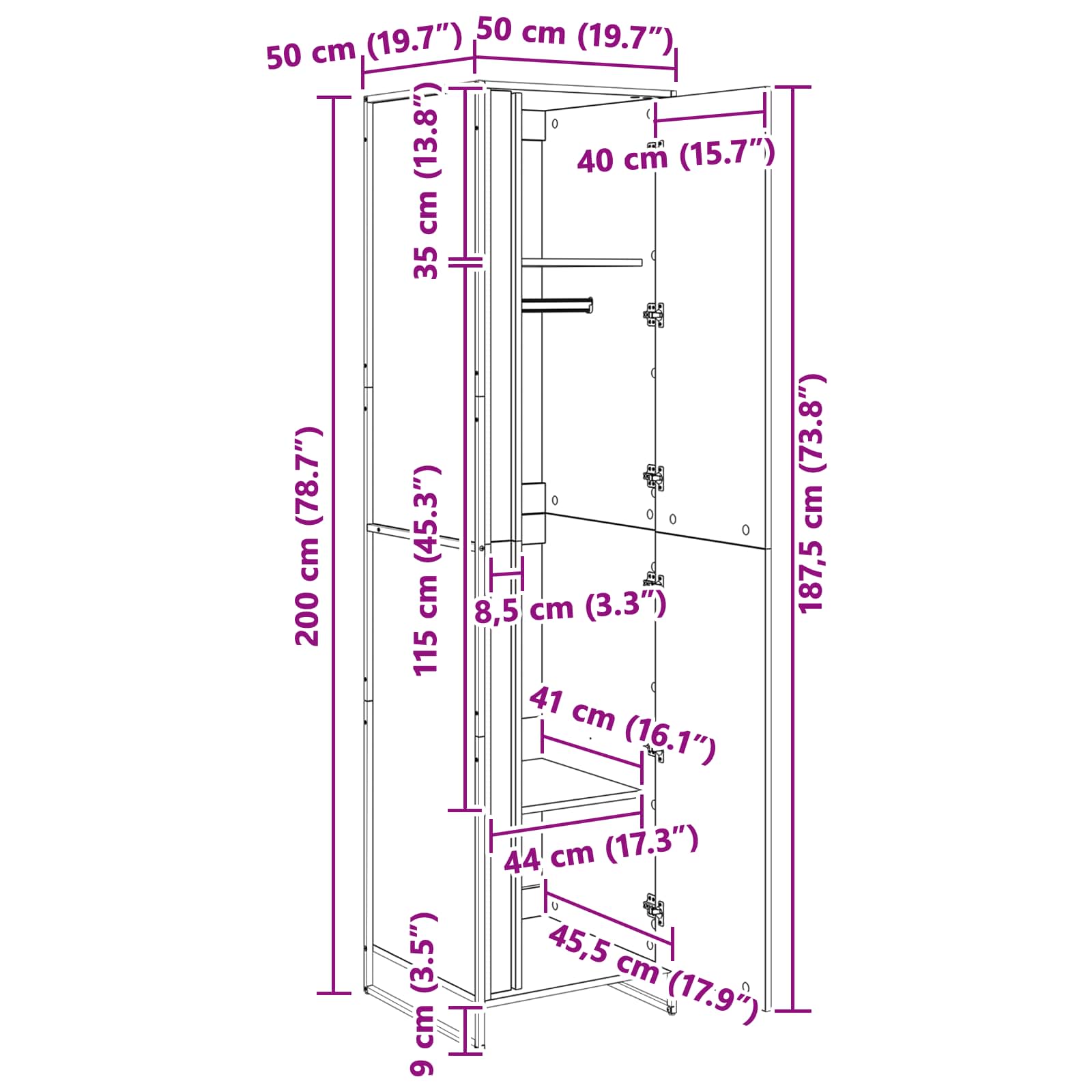 vidaXL Warderobe mit Tür 2 pcs Schwarz Eichen-Optik 50 x 50 x 200 cm