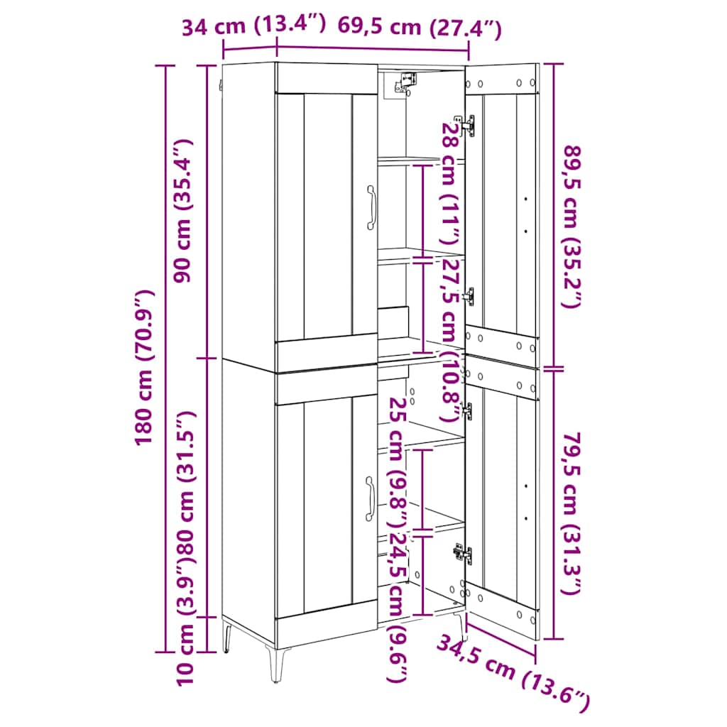 vidaXL Highboard Wandmontiert Altholz 69,5 x 34 x 180 cm Holzwerkstoff