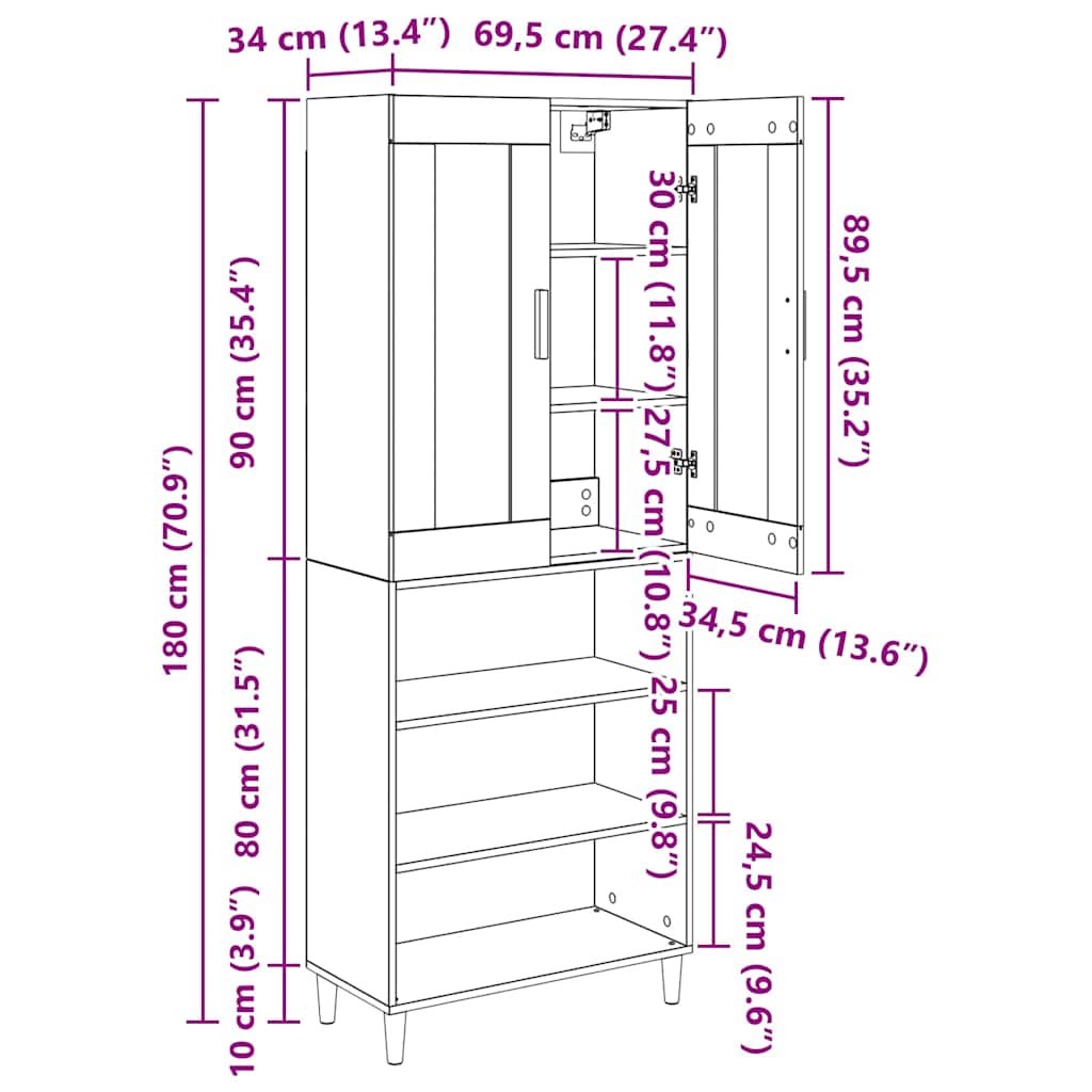 vidaXL Highboard Altholz 69,5 x 34 x 180 cm Engineered Wood und Glas