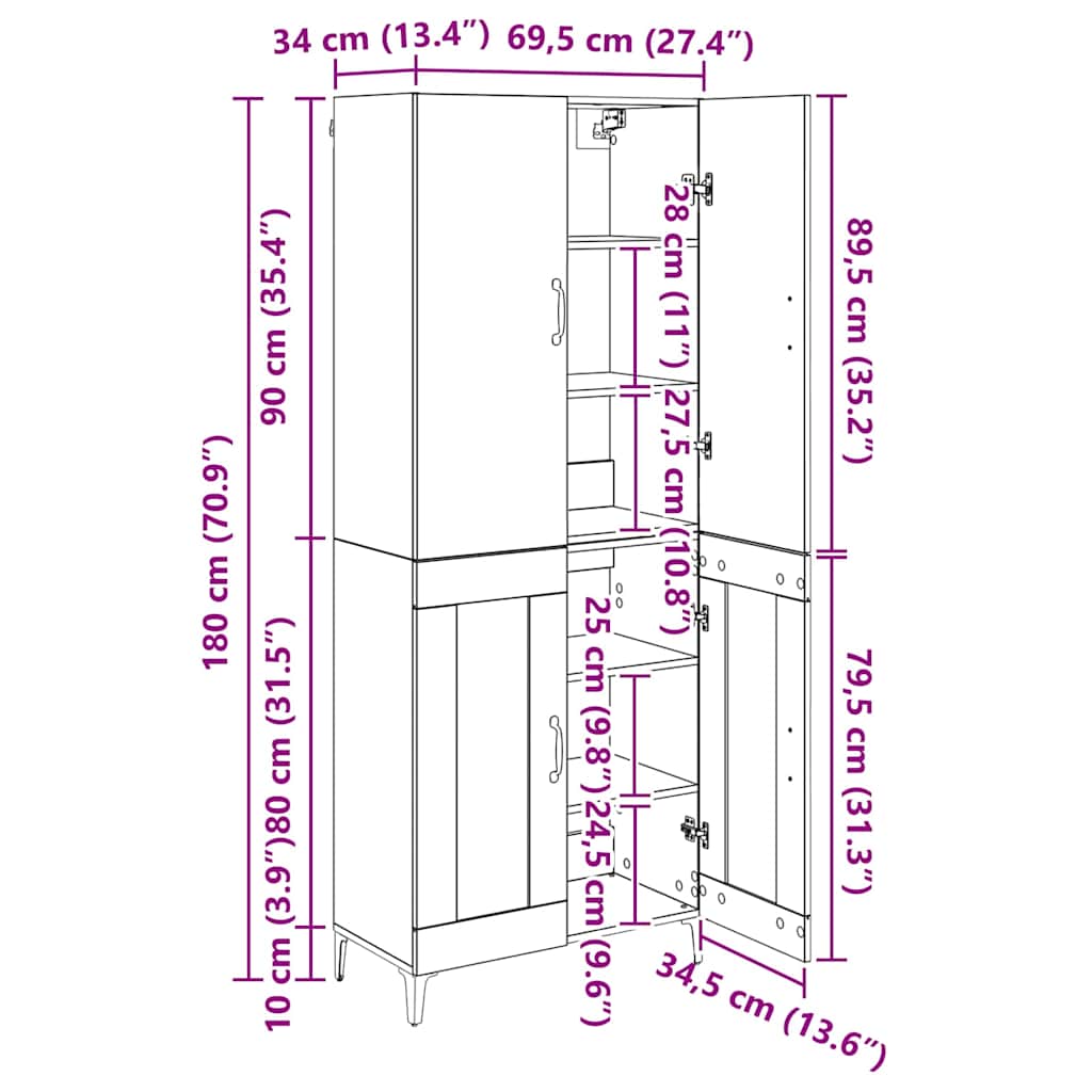 vidaXL Highboard Wandmontiert Altholz 69,5 x 34 x 180 cm Holzwerkstoff