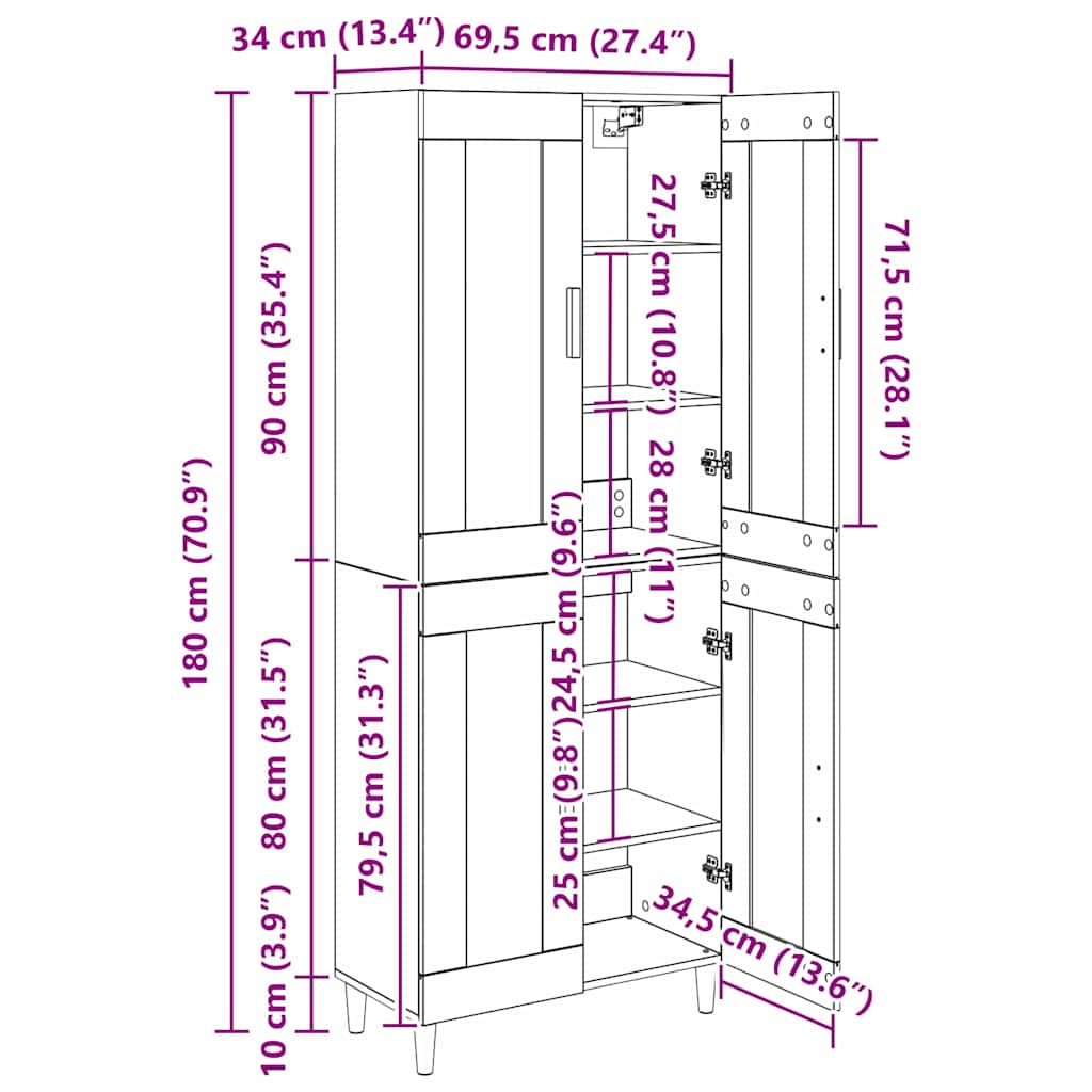 vidaXL Highboard Altholz 69,5 x 34 x 180 cm Holzwerkstoff