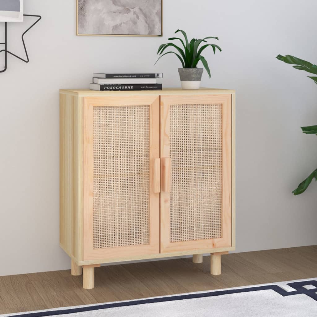 vidaXL Sideboard Weiß 60x30x70 cm Massivholz Kiefer und Natur-Rattan