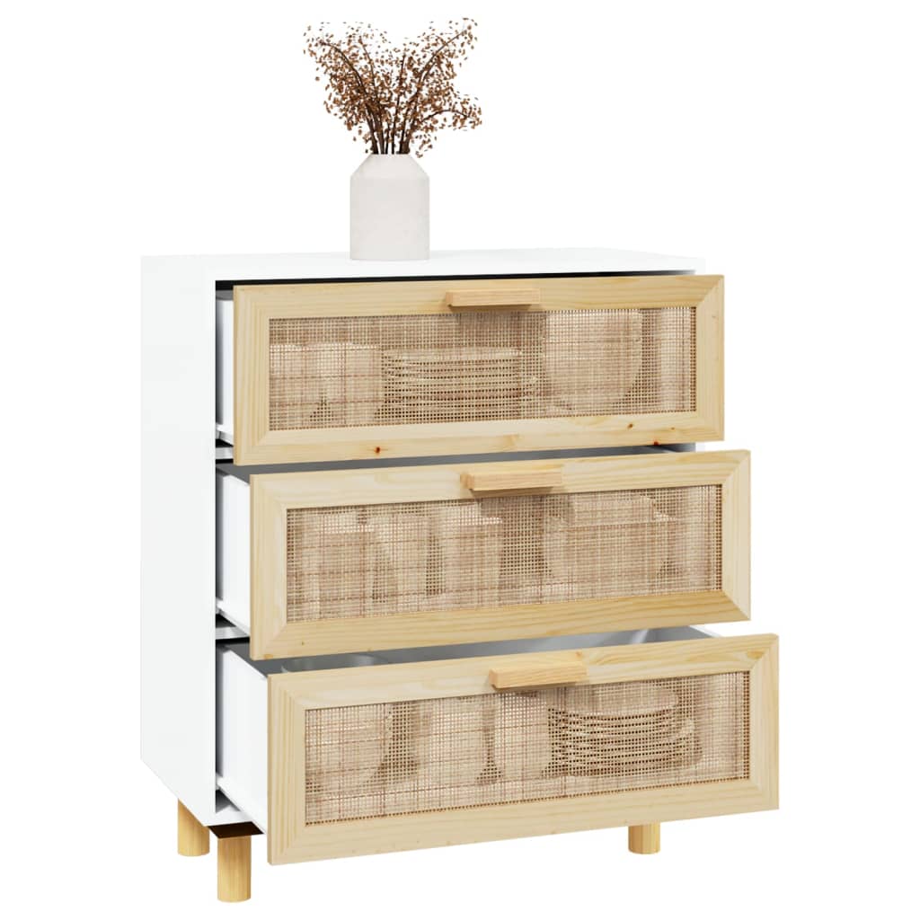 vidaXL Sideboard Weiß 60x30x70 cm Massivholz Kiefer und Natur-Rattan