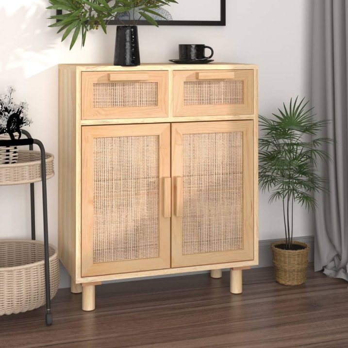 vidaXL Sideboard Weiß 60x30x75 cm Massivholz Kiefer und Natur-Rattan