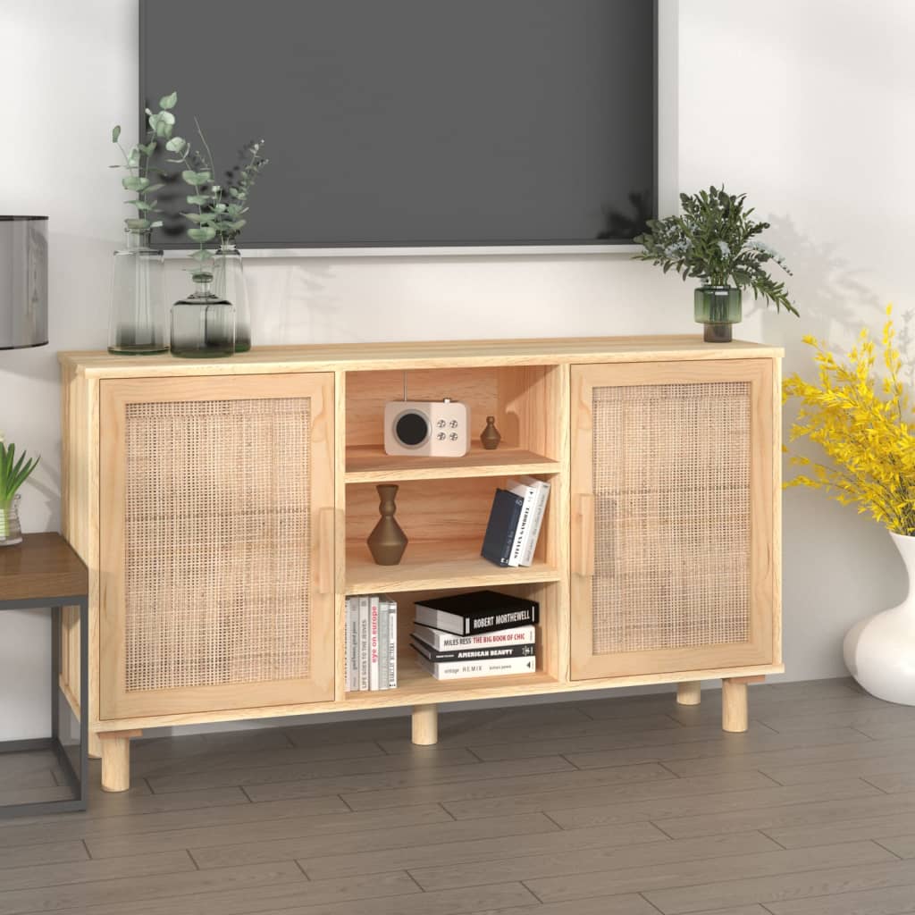 vidaXL Sideboard Weiß 105x30x60 cm Massivholz Kiefer und Natur-Rattan