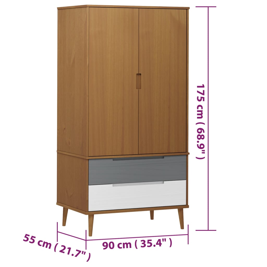 vidaXL Kleiderschrank MOLDE Braun 90x55x175 cm Massivholz Kiefer