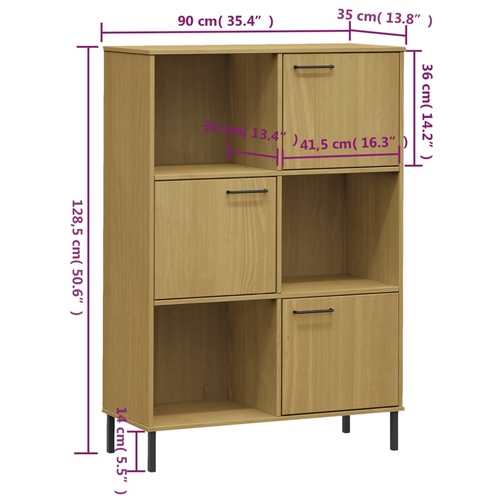 vidaXL Bücherregal OSLO Metallbeine Braun 90x35x128,5 cm Massivholz
