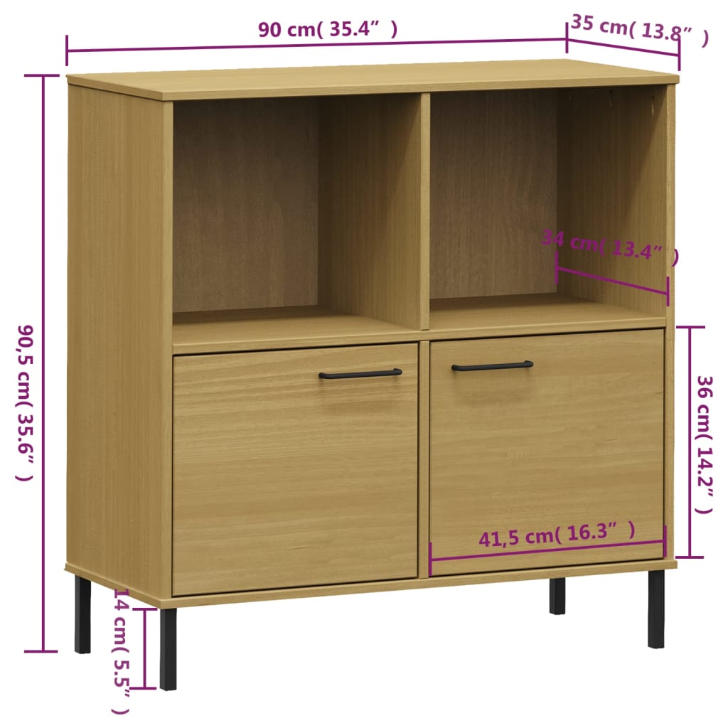 vidaXL Bücherregal OSLO mit Metallbeinen Braun 90x35x90,5cm Massivholz