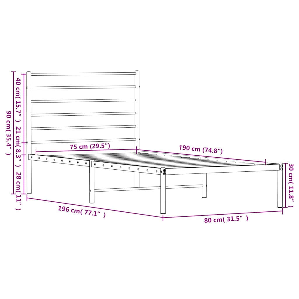 vidaXL Bettgestell mit Kopfteil Metall Schwarz 75x190 cm